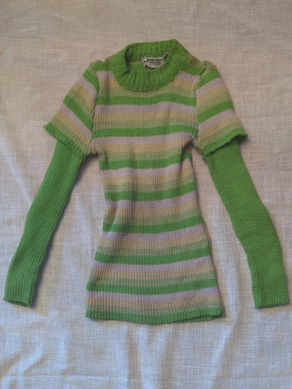 Vintage 1960s 1970s Girls' Striped Layered-Knit Pullover in Green USA